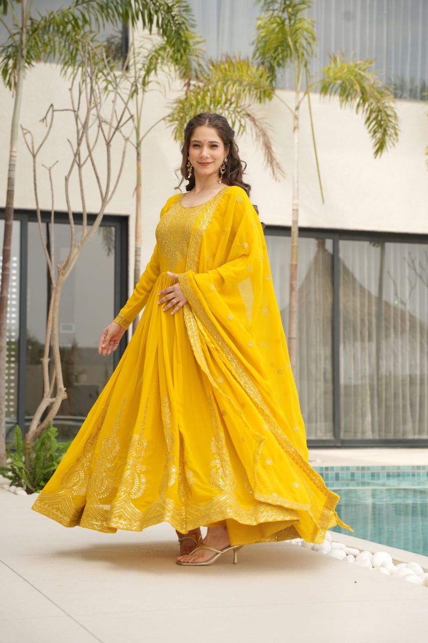 Yellow Graceful Faux Blooming Embroidered Gown with Sequins Dupatta – Fully Stitched Elegance