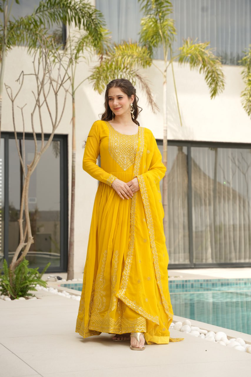 Yellow Graceful Faux Blooming Embroidered Gown with Sequins Dupatta – Fully Stitched Elegance