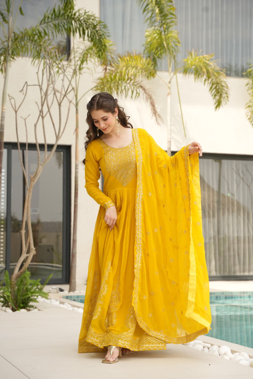 Yellow Graceful Faux Blooming Embroidered Gown with Sequins Dupatta – Fully Stitched Elegance