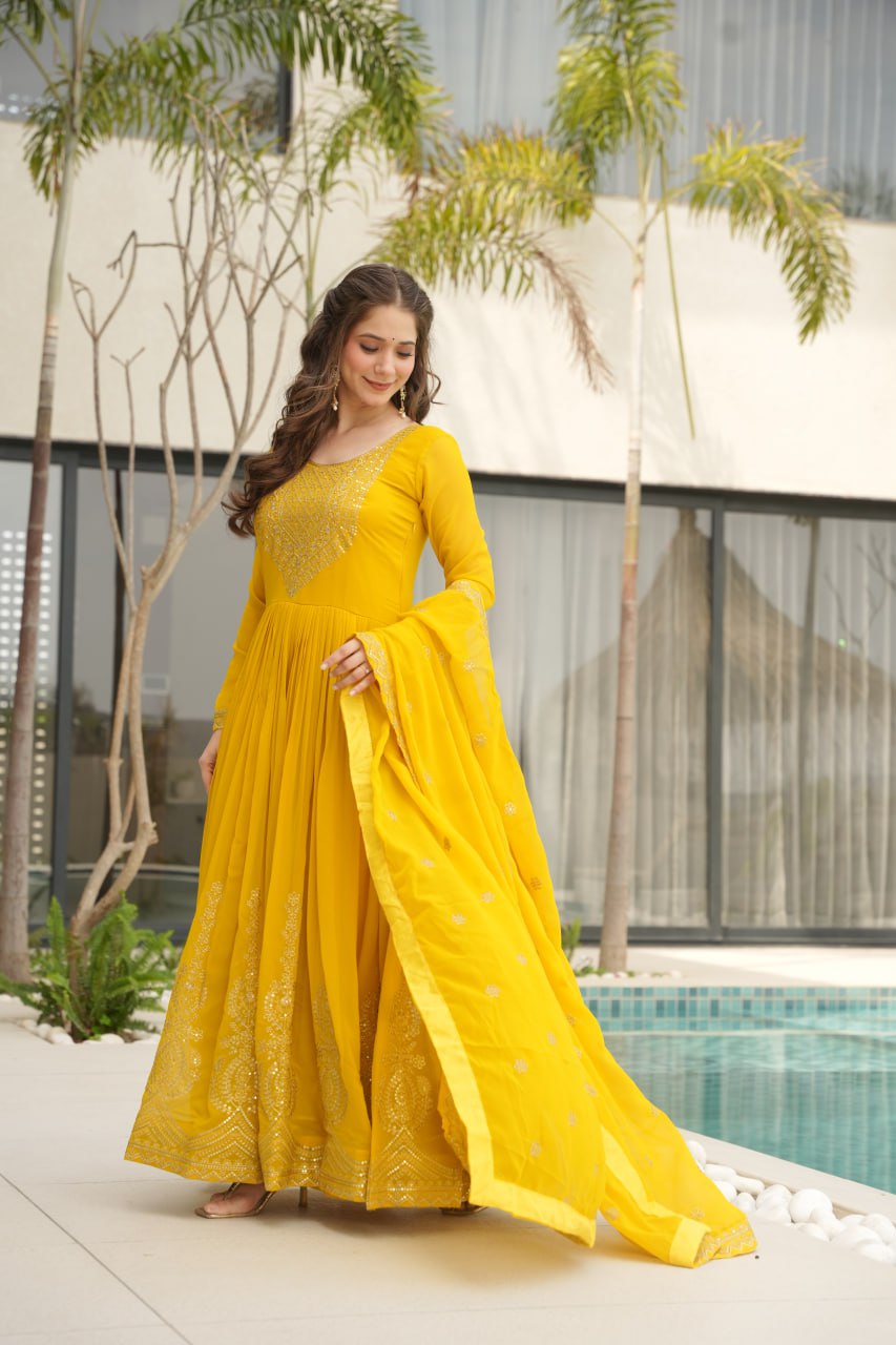 Yellow Graceful Faux Blooming Embroidered Gown with Sequins Dupatta – Fully Stitched Elegance