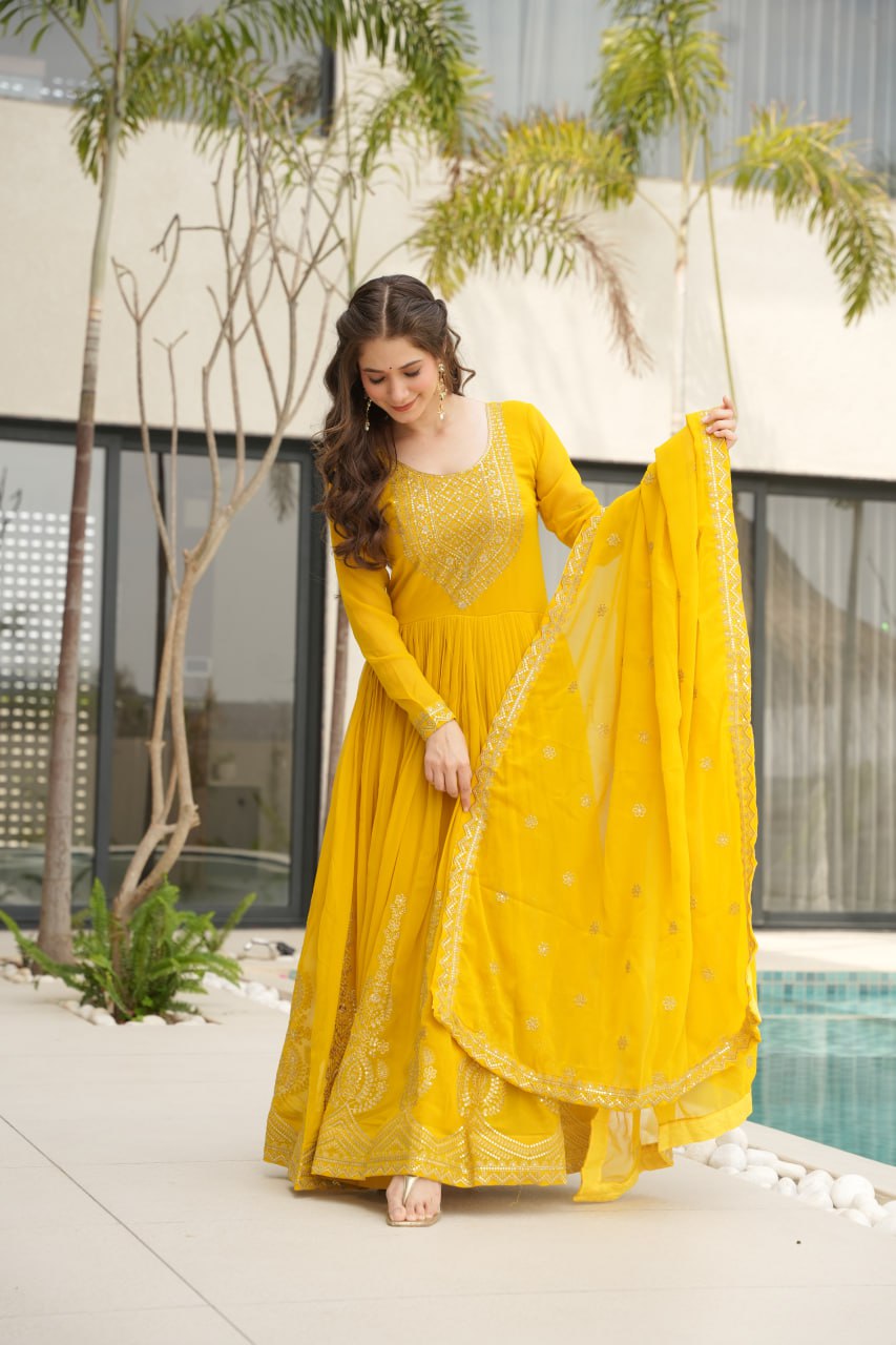 Yellow Graceful Faux Blooming Embroidered Gown with Sequins Dupatta – Fully Stitched Elegance