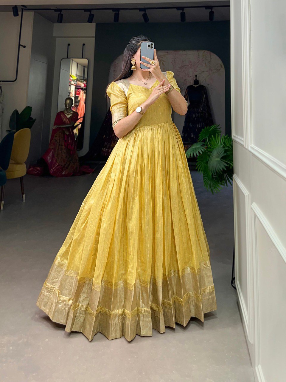 Yellow Handwoven Khadi Organza Gown with Exquisite Zari Detailing