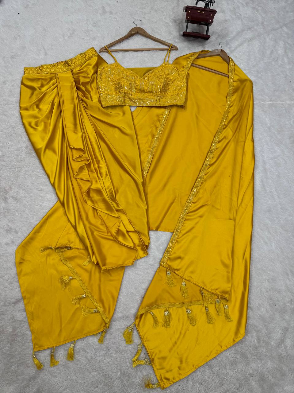 Yellow Indo-Western Dhoti Style Set with Shrug & Choli