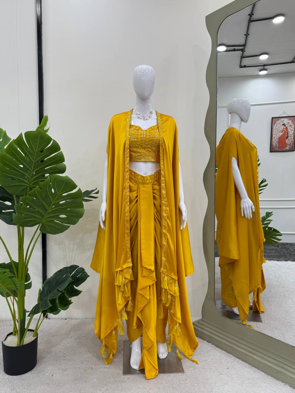 Yellow Indo-Western Dhoti Style Set with Shrug & Choli
