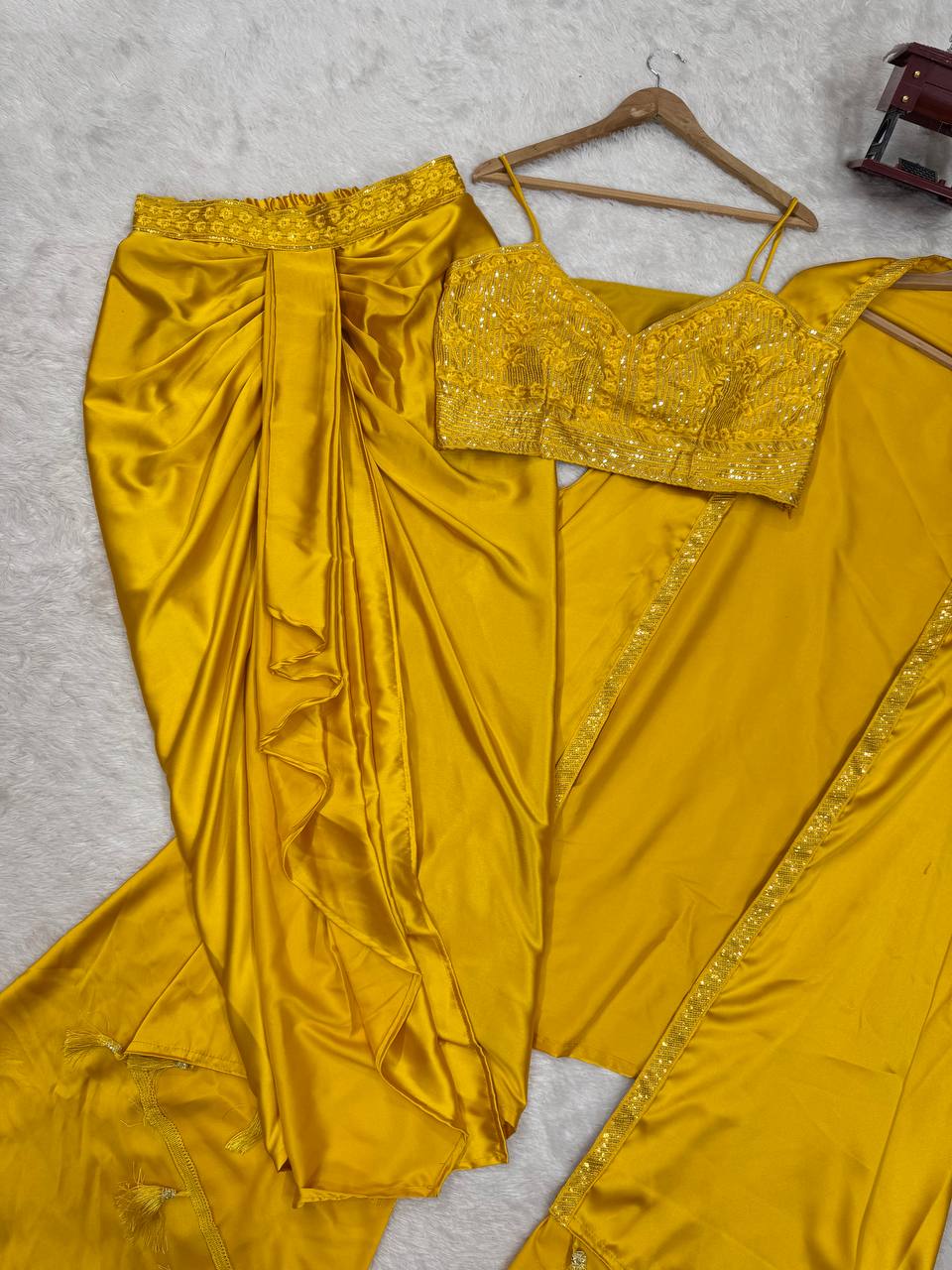 Yellow Indo-Western Dhoti Style Set with Shrug & Choli