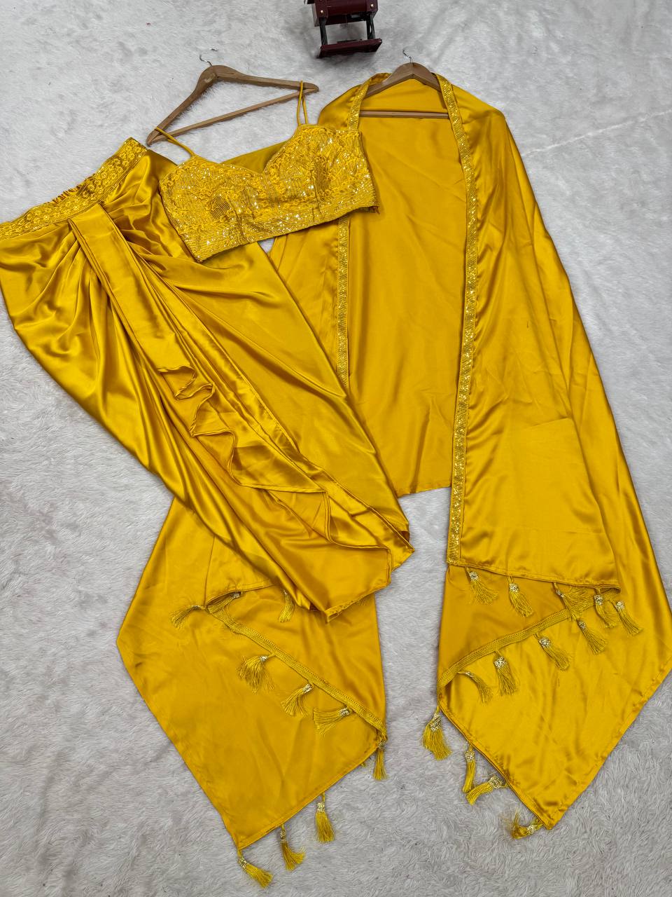 Yellow Indo-Western Dhoti Style Set with Shrug & Choli