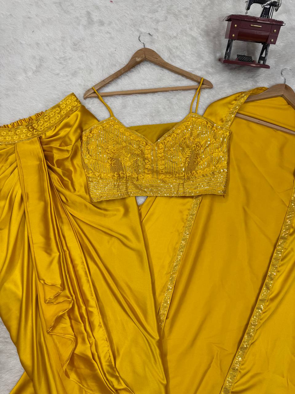 Yellow Indo-Western Dhoti Style Set with Shrug & Choli