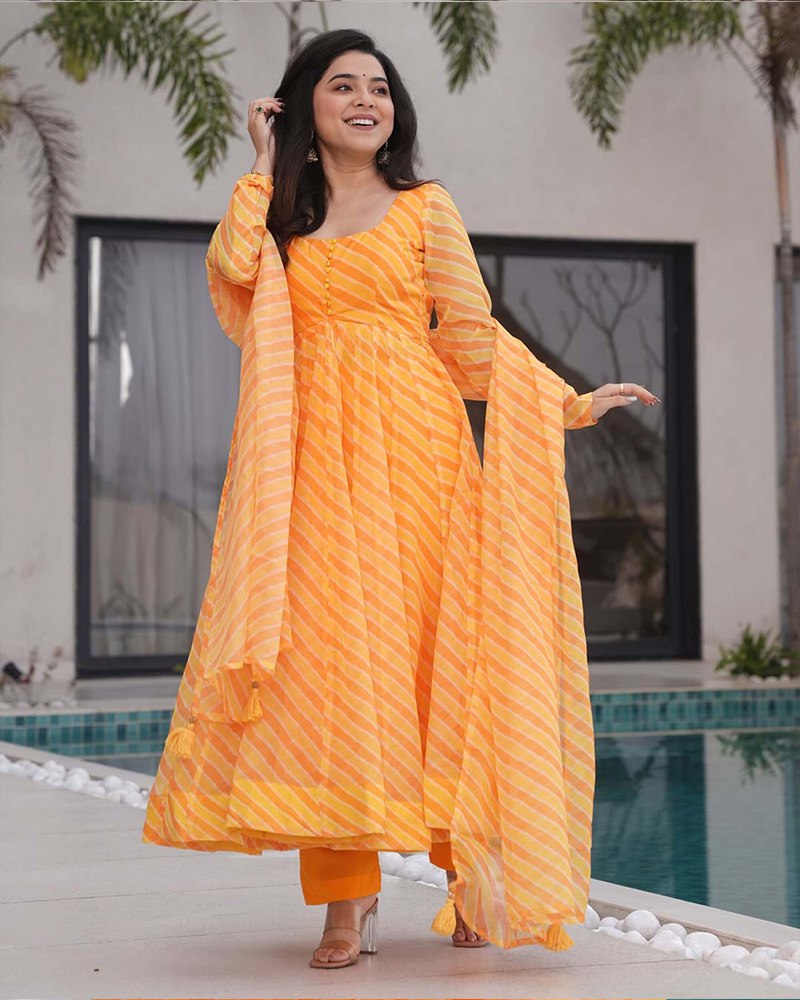 Yellow Laheriya Printed Tabby Organza Anarkali Suit – 3-Piece Set