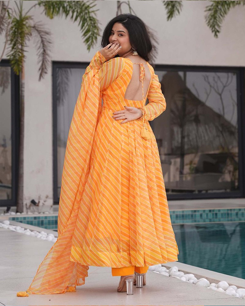 Yellow Laheriya Printed Tabby Organza Anarkali Suit – 3-Piece Set