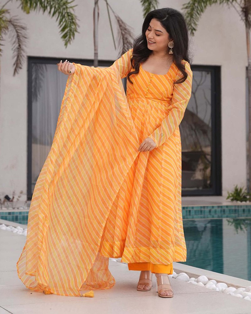 Yellow Laheriya Printed Tabby Organza Anarkali Suit – 3-Piece Set