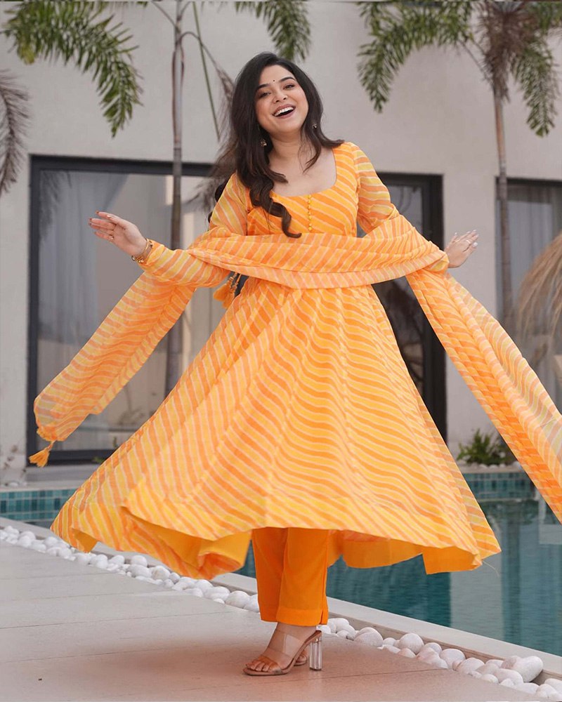 Yellow Laheriya Printed Tabby Organza Anarkali Suit – 3-Piece Set