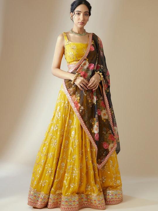 Yellow lehenga choli with contrast dupatta