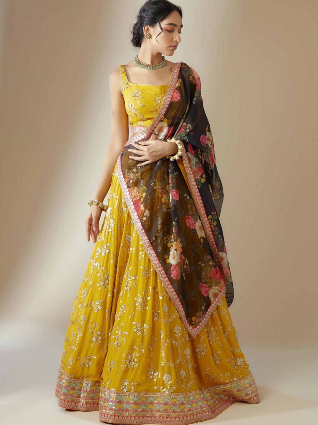 Yellow lehenga choli with contrast dupatta