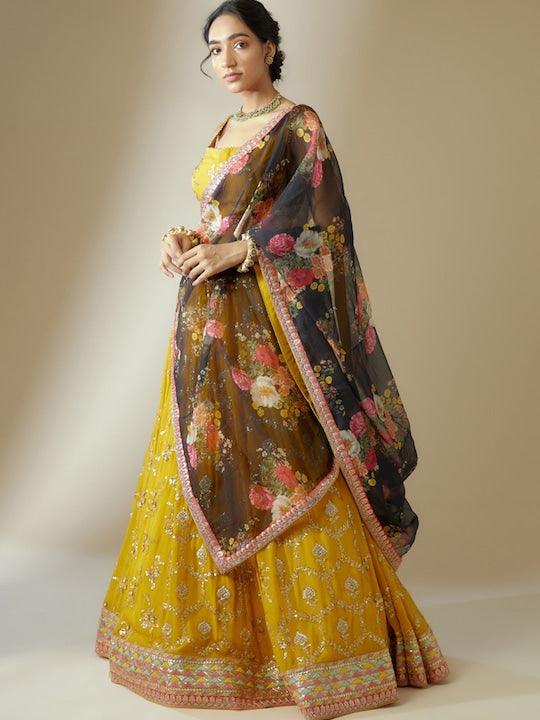 Yellow lehenga choli with contrast dupatta