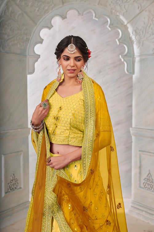 Designer Yellow Lehenga Choli with Thread & Mirror Work