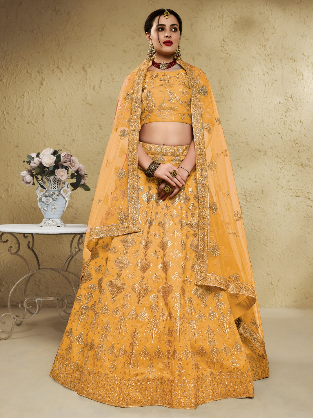 Yellow Art Silk Lehenga Choli with Zari & Sequin Embroidery