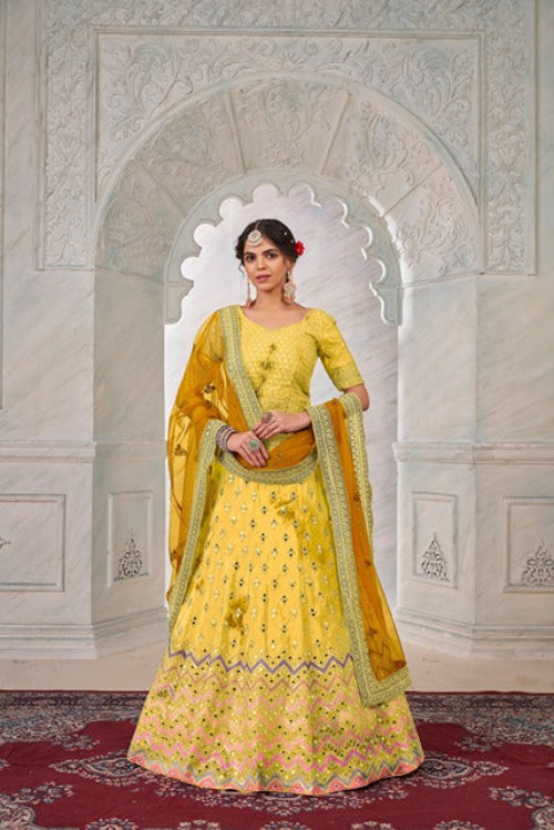 Designer Yellow Lehenga Choli with Thread & Mirror Work