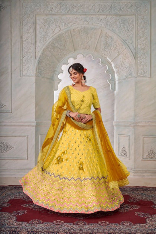 Designer Yellow Lehenga Choli with Thread & Mirror Work