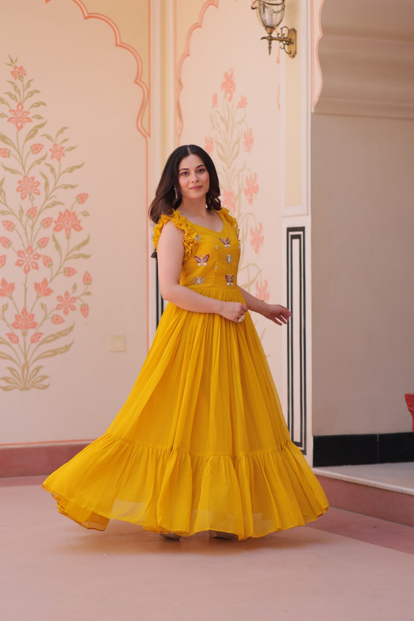 Yellow Luxe Faux Blooming Embroidered Gown with Double Frill Sleeves