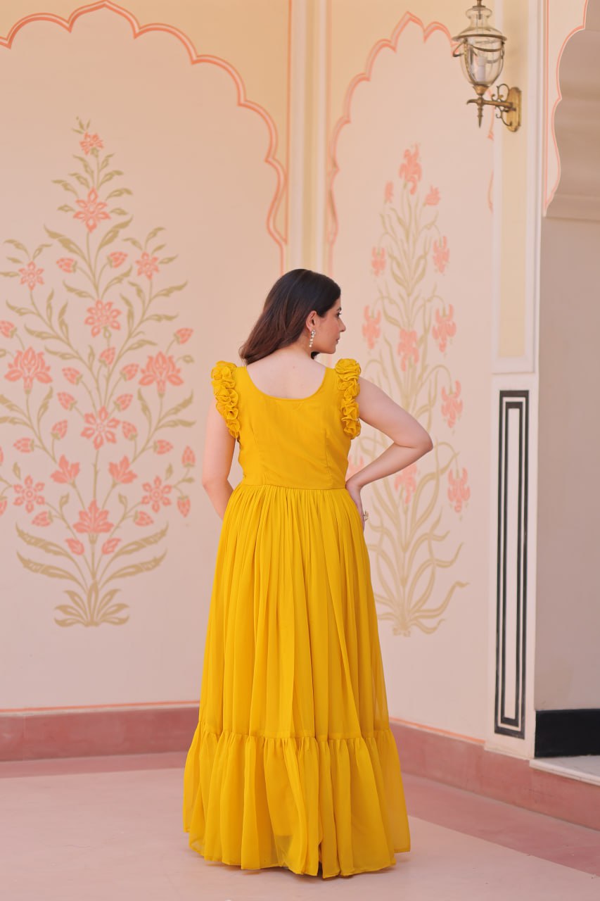 Yellow Luxe Faux Blooming Embroidered Gown with Double Frill Sleeves