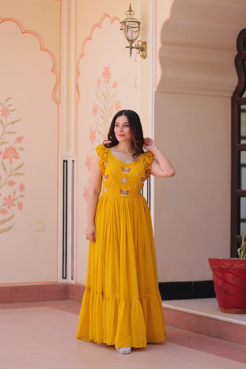 Yellow Luxe Faux Blooming Embroidered Gown with Double Frill Sleeves