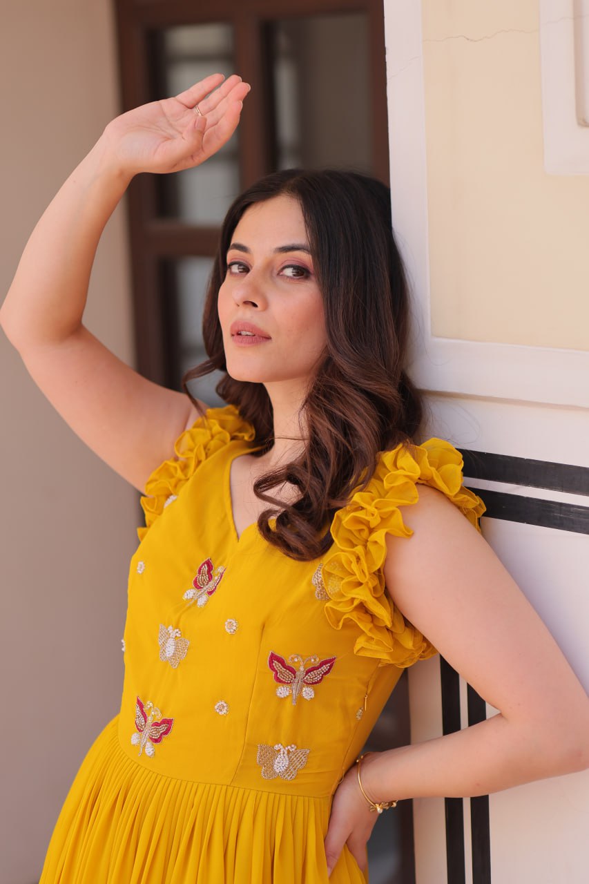 Yellow Luxe Faux Blooming Embroidered Gown with Double Frill Sleeves