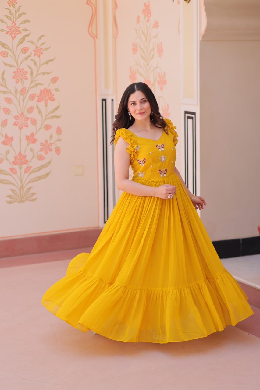 Yellow Luxe Faux Blooming Embroidered Gown with Double Frill Sleeves
