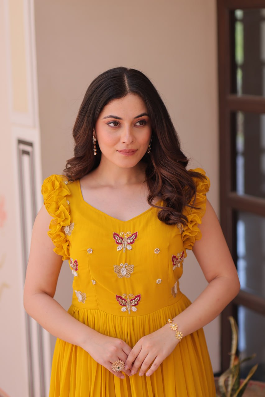 Yellow Luxe Faux Blooming Embroidered Gown with Double Frill Sleeves