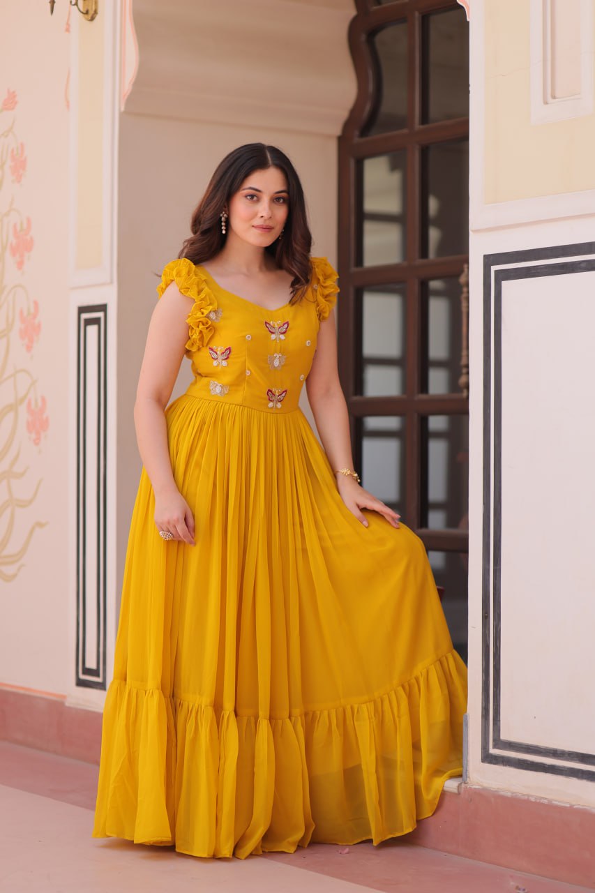 Yellow Luxe Faux Blooming Embroidered Gown with Double Frill Sleeves