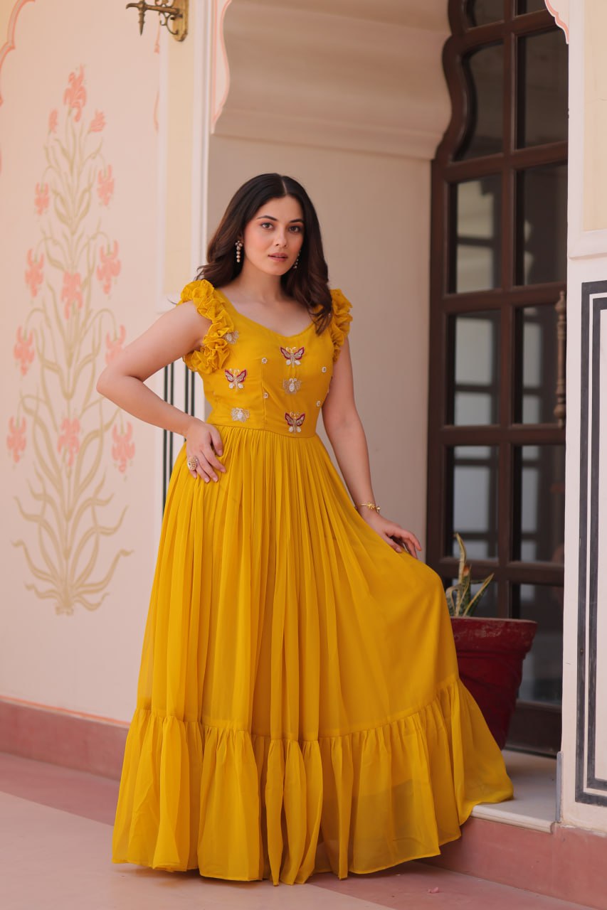 Yellow Luxe Faux Blooming Embroidered Gown with Double Frill Sleeves