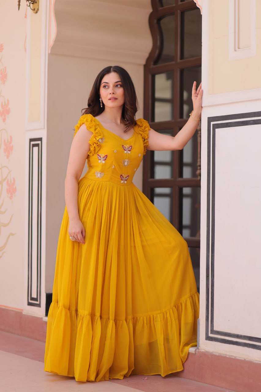Yellow Luxe Faux Blooming Embroidered Gown with Double Frill Sleeves