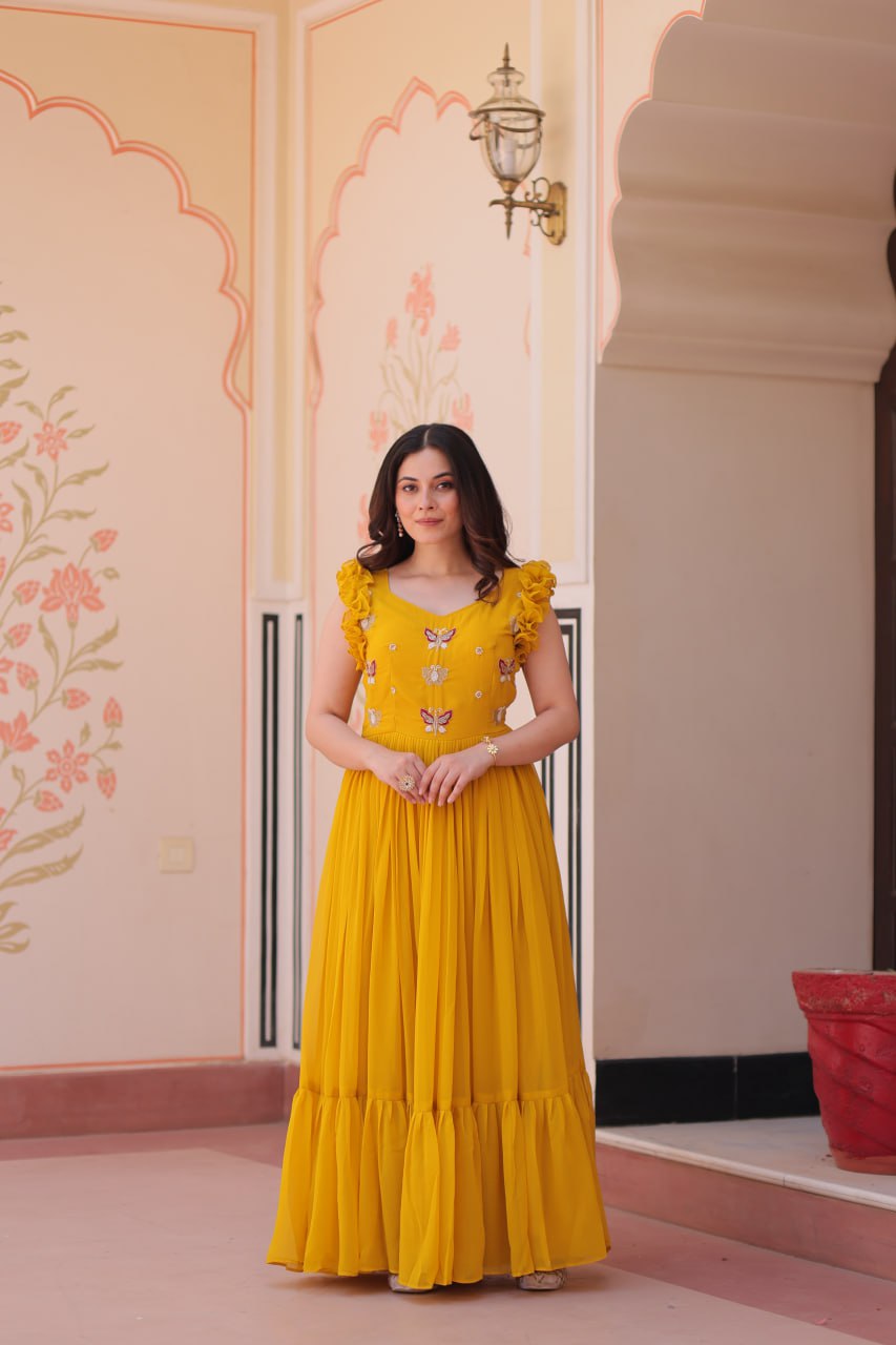 Yellow Luxe Faux Blooming Embroidered Gown with Double Frill Sleeves