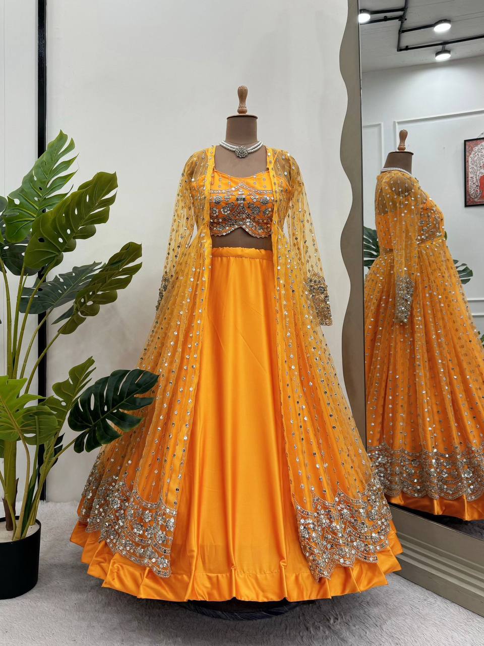Yellow Luxe Radiance Lehenga Choli Set with Stylish Koti – Japan Satin & Butterfly Net with Sequin Embroidery