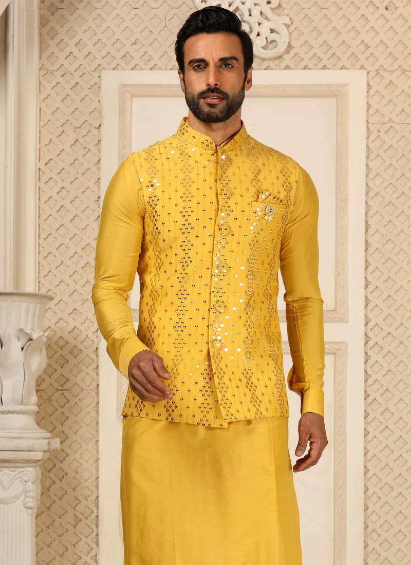 Yellow Men's Silk Kurta Pajama Set