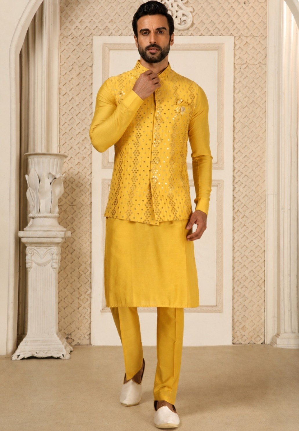 Yellow Men's Silk Kurta Pajama Set