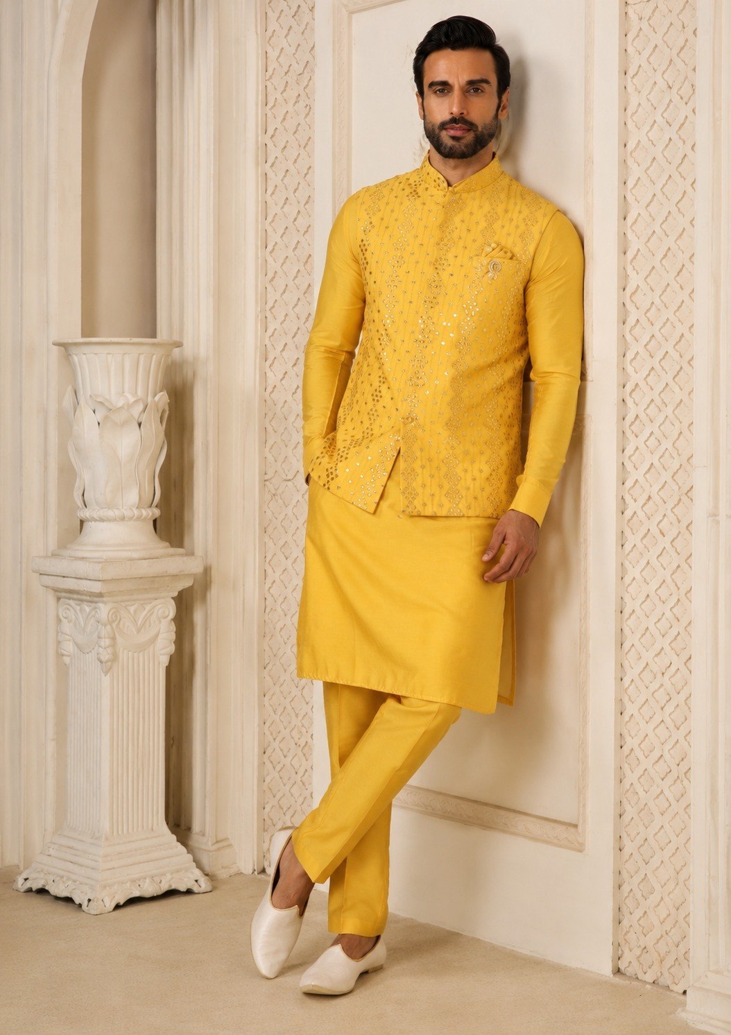 Yellow Men's Silk Kurta Pajama Set