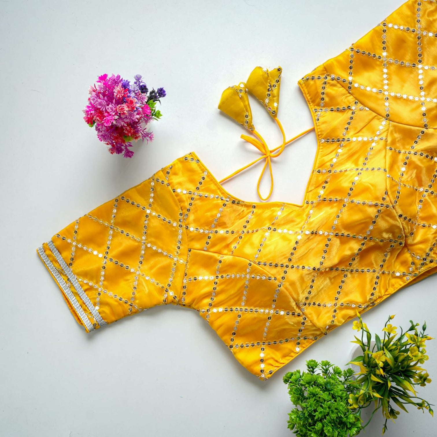 Yellow Metalic Blouse with Exquisite Sequence Embroidery