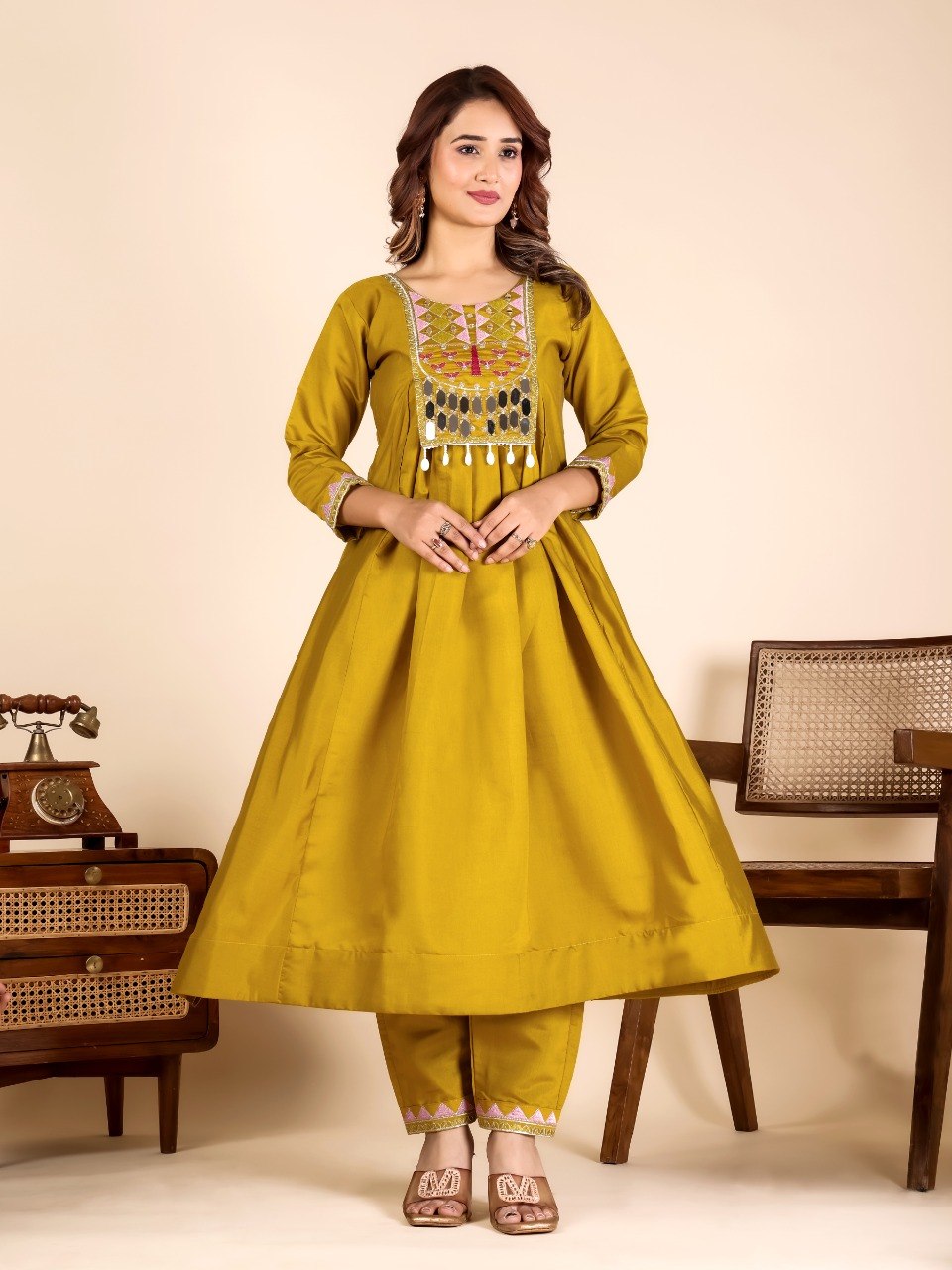 Yellow Mirror Work Kurta Pant Set