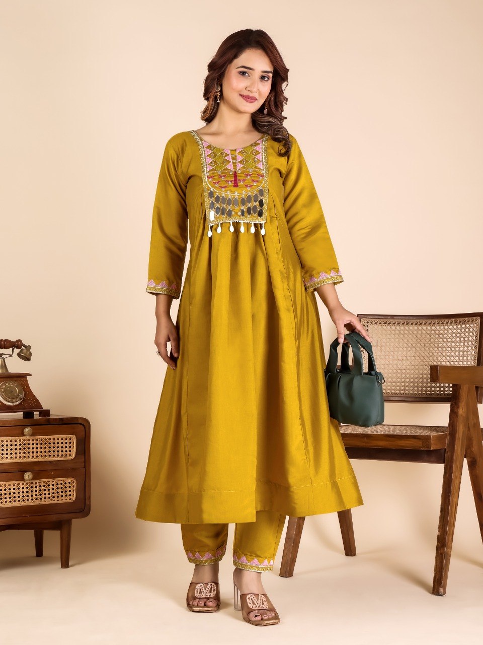 Yellow Mirror Work Kurta Pant Set