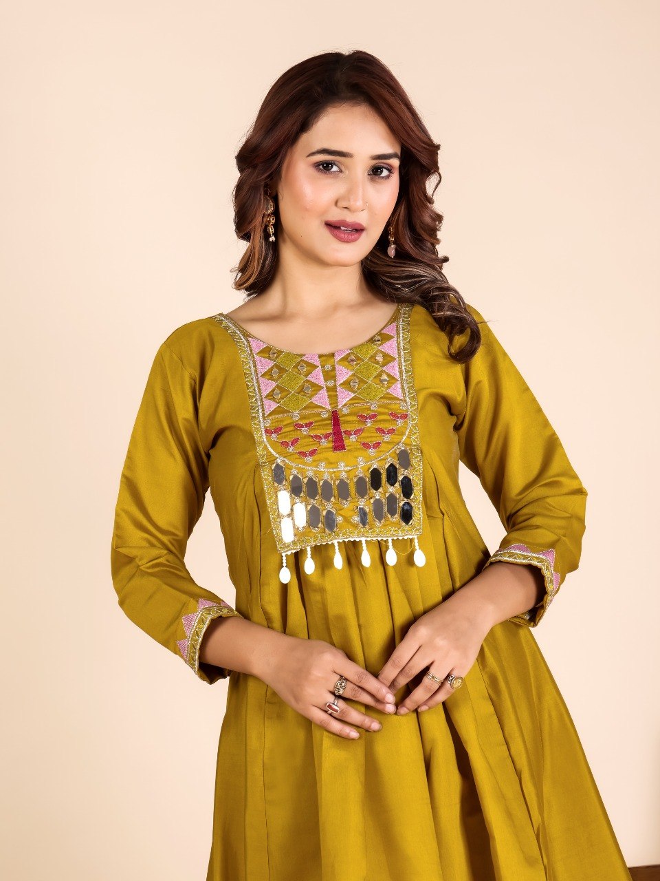 Yellow Mirror Work Kurta Pant Set