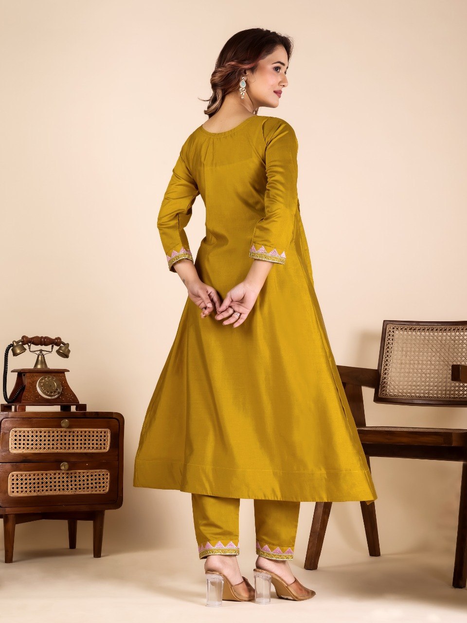 Yellow Mirror Work Kurta Pant Set