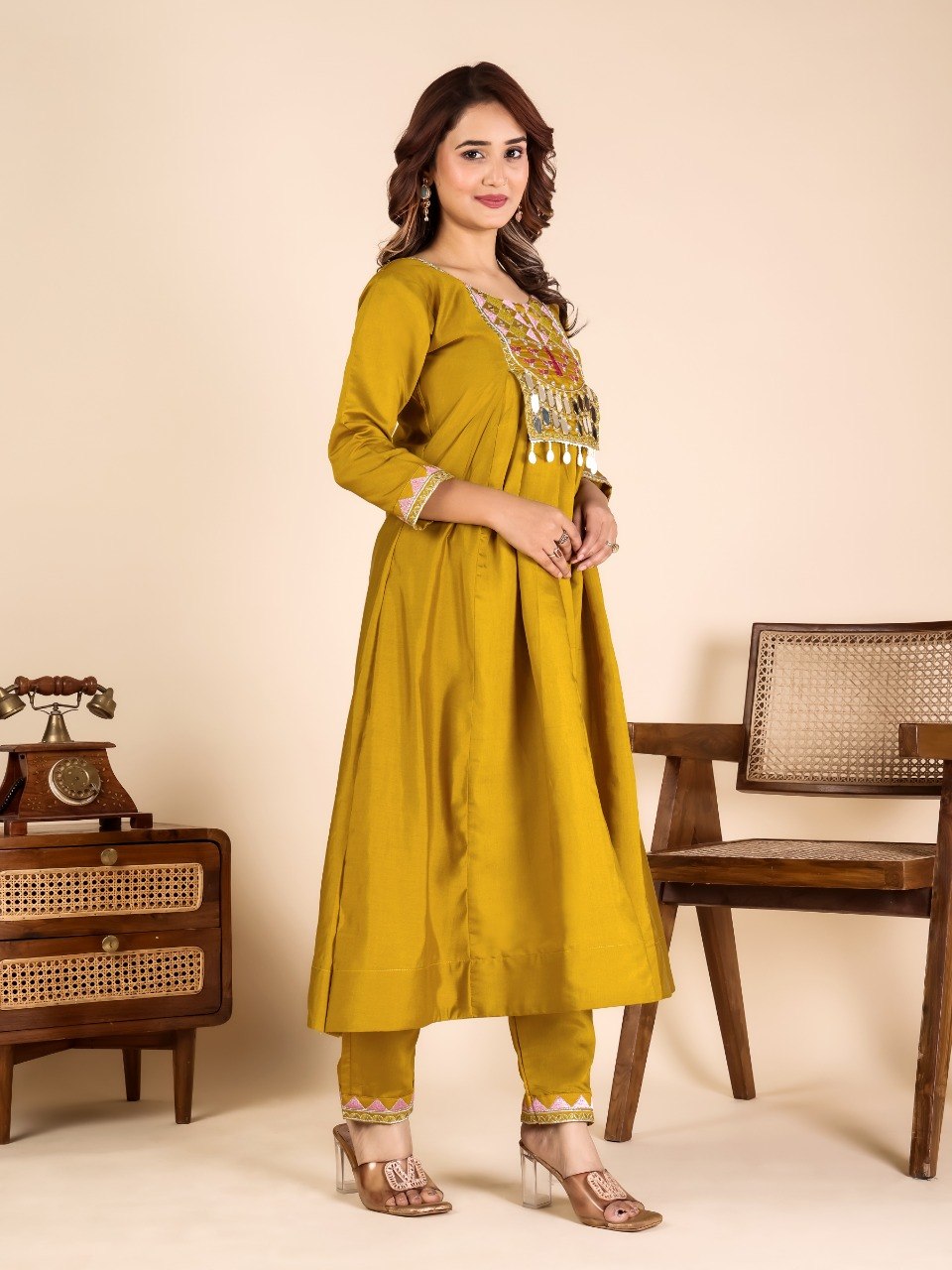 Yellow Mirror Work Kurta Pant Set