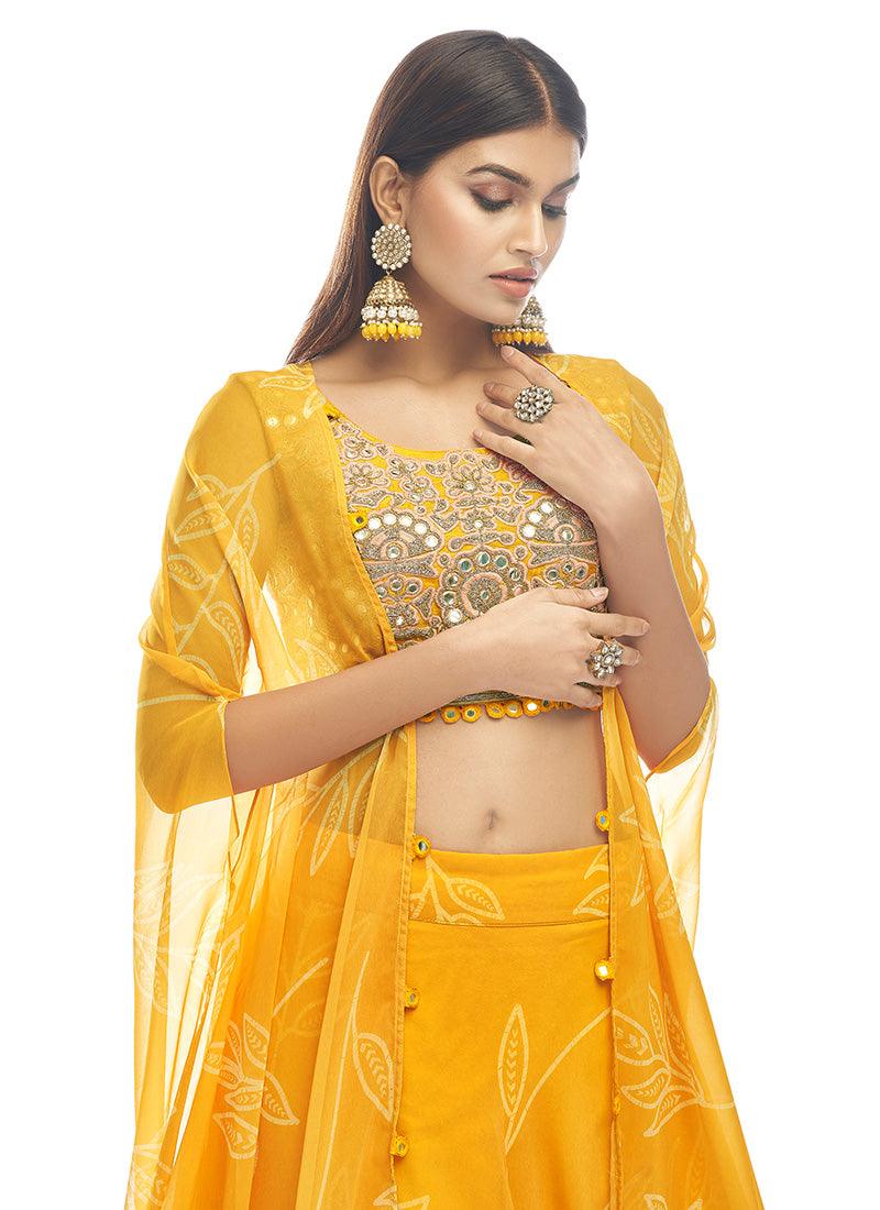 Yellow Mirror Work Lehenga Choli With Jacket