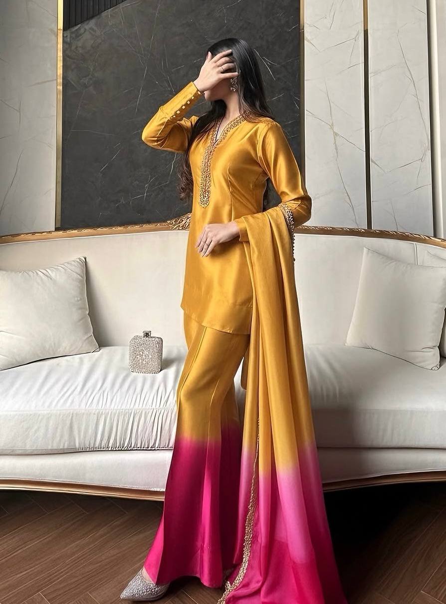 Yellow Mirror Work Palazzo & Dupatta