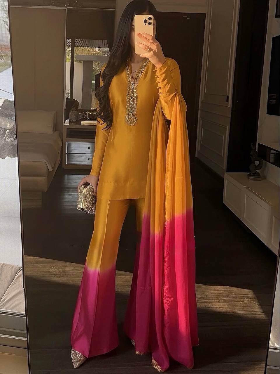 Yellow Mirror Work Palazzo & Dupatta