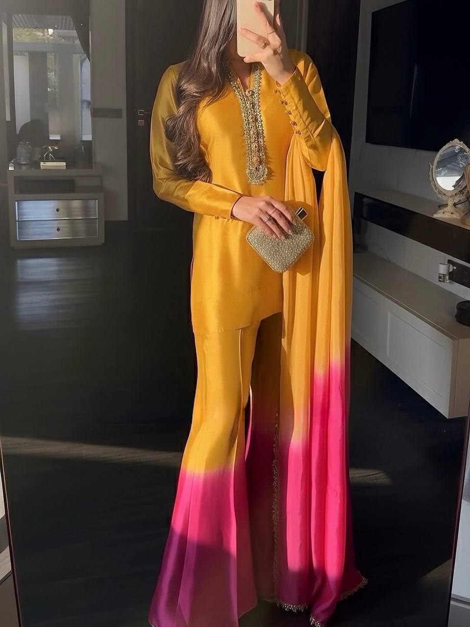 Yellow Mirror Work Palazzo & Dupatta