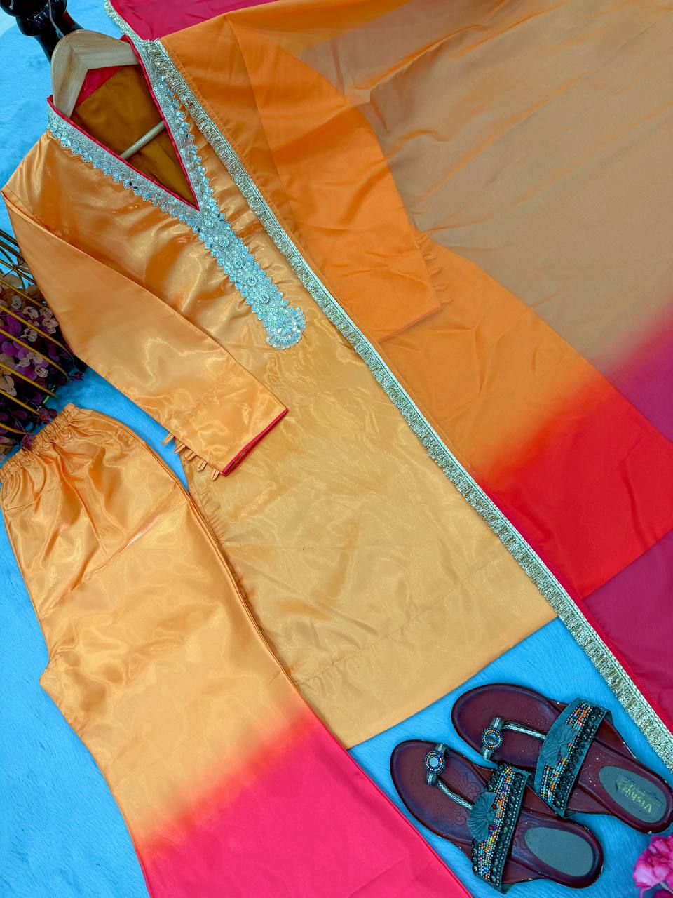 Yellow Mirror Work Palazzo & Dupatta