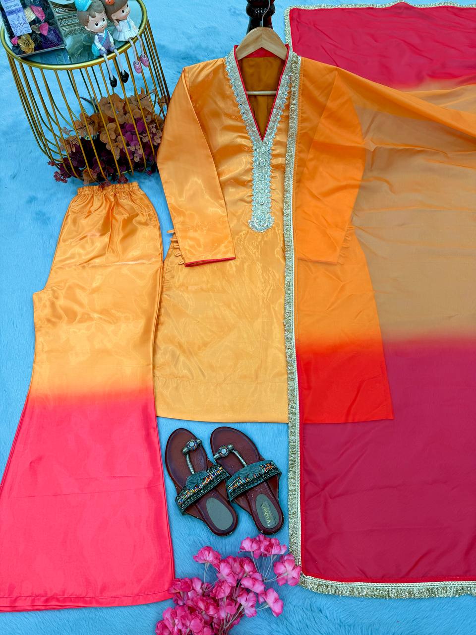 Yellow Mirror Work Palazzo & Dupatta