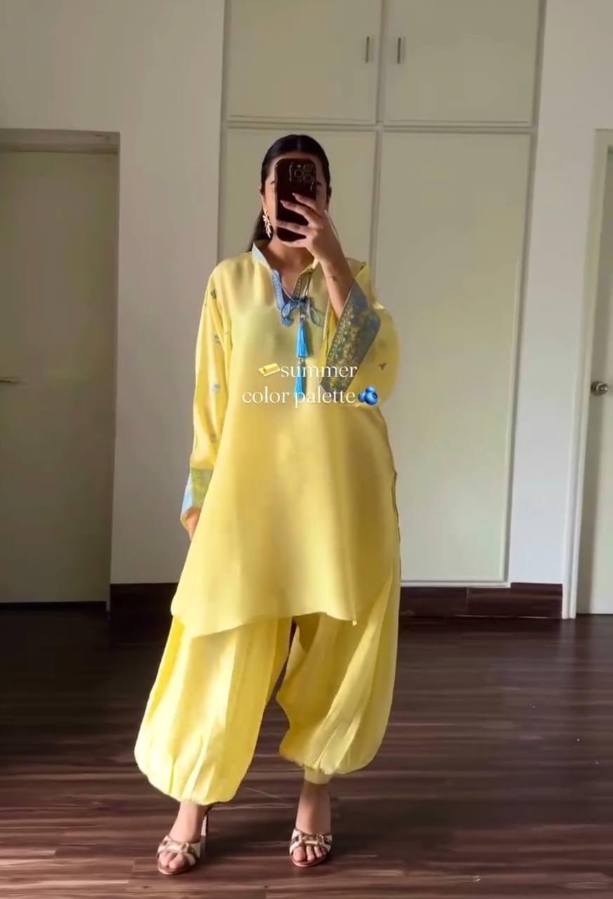 Yellow Natural Crepe Silk Suit Set