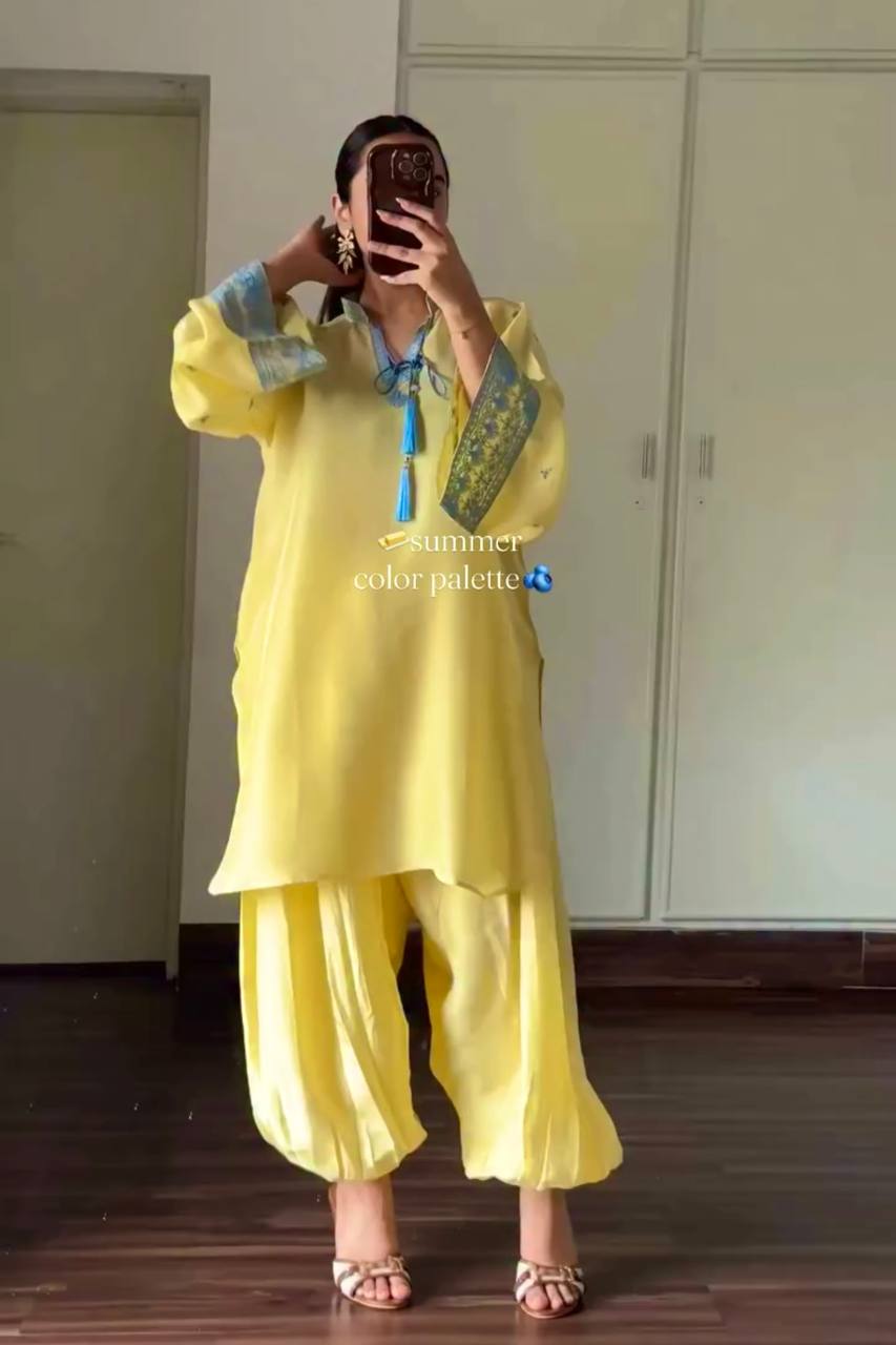 Yellow Natural Crepe Silk Suit Set